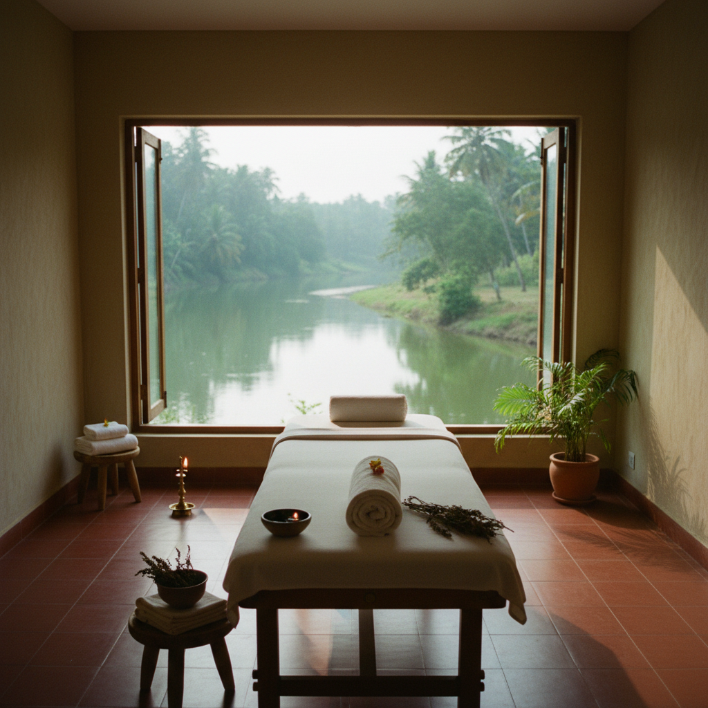 Vue sereine d'une suite de traitement ayurvédique au Kerala avec vue sur une rivière.