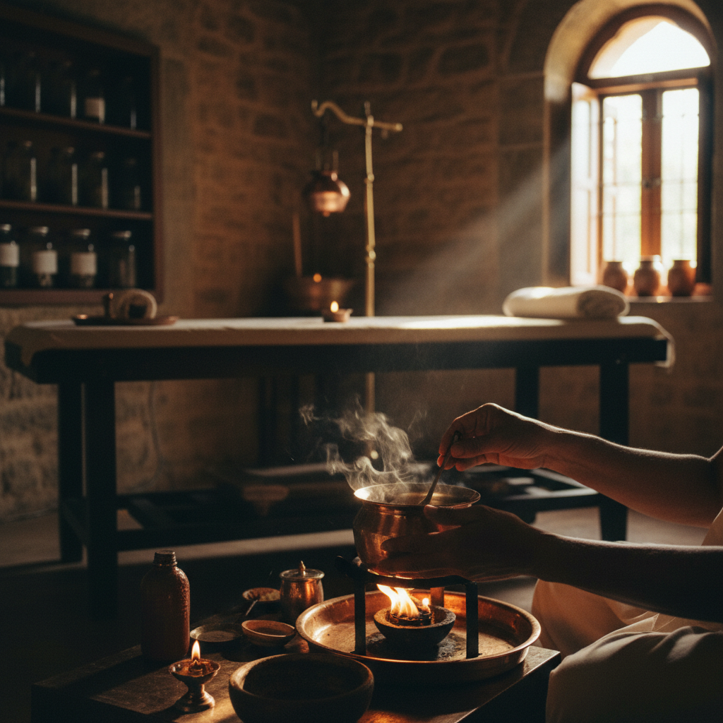 Een therapeut bereidt Shirodhara-olie voor in een behandelkamer van een Ayurvedisch centrum.
