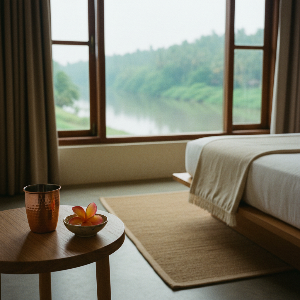 Een rustige, luxe kamer in een Ayurvedisch resort in Kerala met uitzicht op een rivier door het raam.