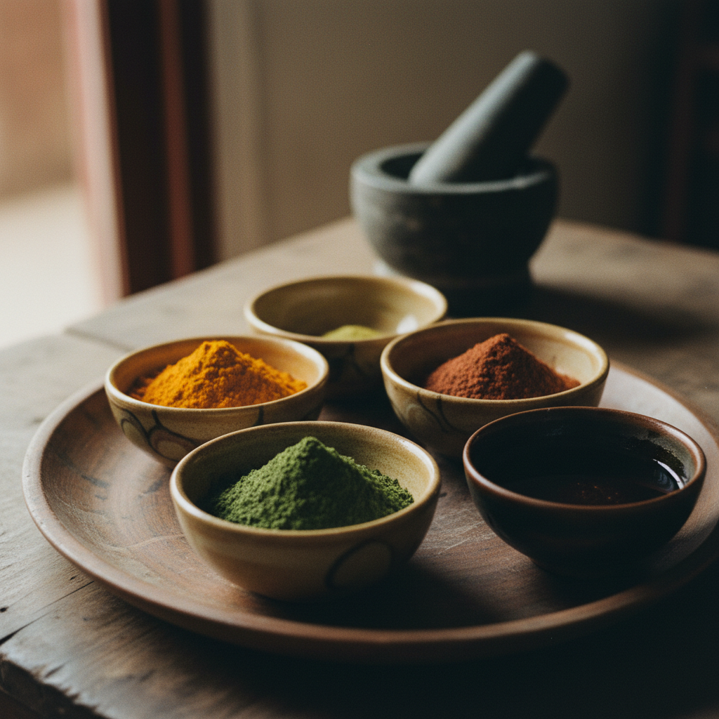 A close-up of various Ayurvedic herbs and oils being prepared for treatment.