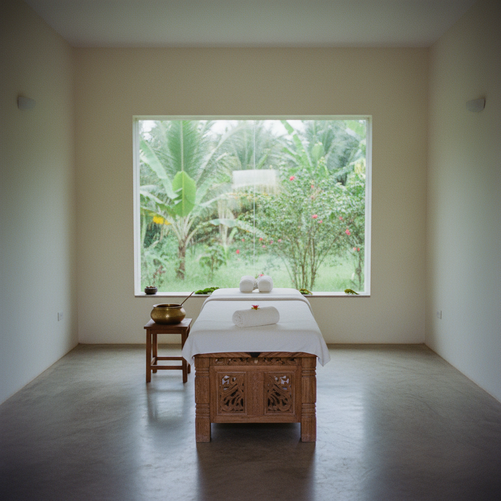 A tranquil treatment room at Mekosha, with a traditional wooden massage table prepared for a therapy.
