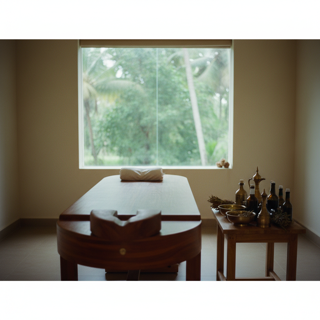 A serene in-suite treatment area at Mekosha, featuring a wooden massage table and Ayurvedic oils.