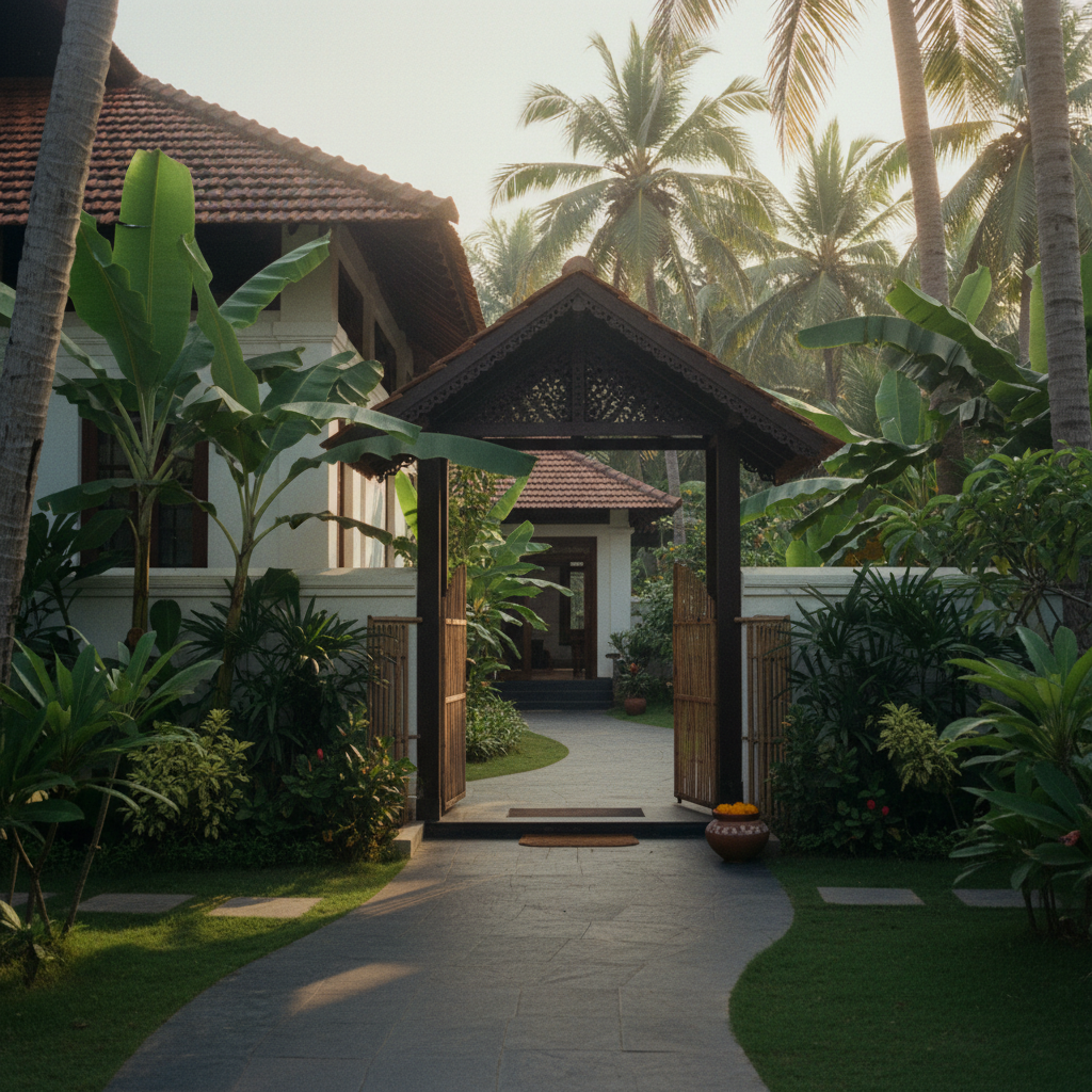 A welcoming view of the entrance to Mekosha, a luxury Ayurvedic retreat in Kerala, with lush greenery and traditional architecture.