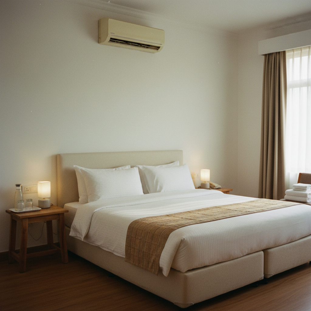 A neatly arranged luxury AC room in Narowal featuring a large bed, cooling unit, and fresh towels.