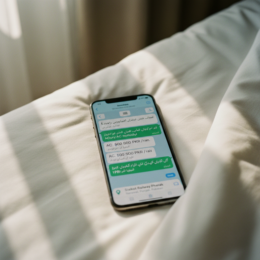A close-up shot of a smartphone screen showing a WhatsApp chat window with a hotel booking confirmation, resting on a clean white bedsheet.