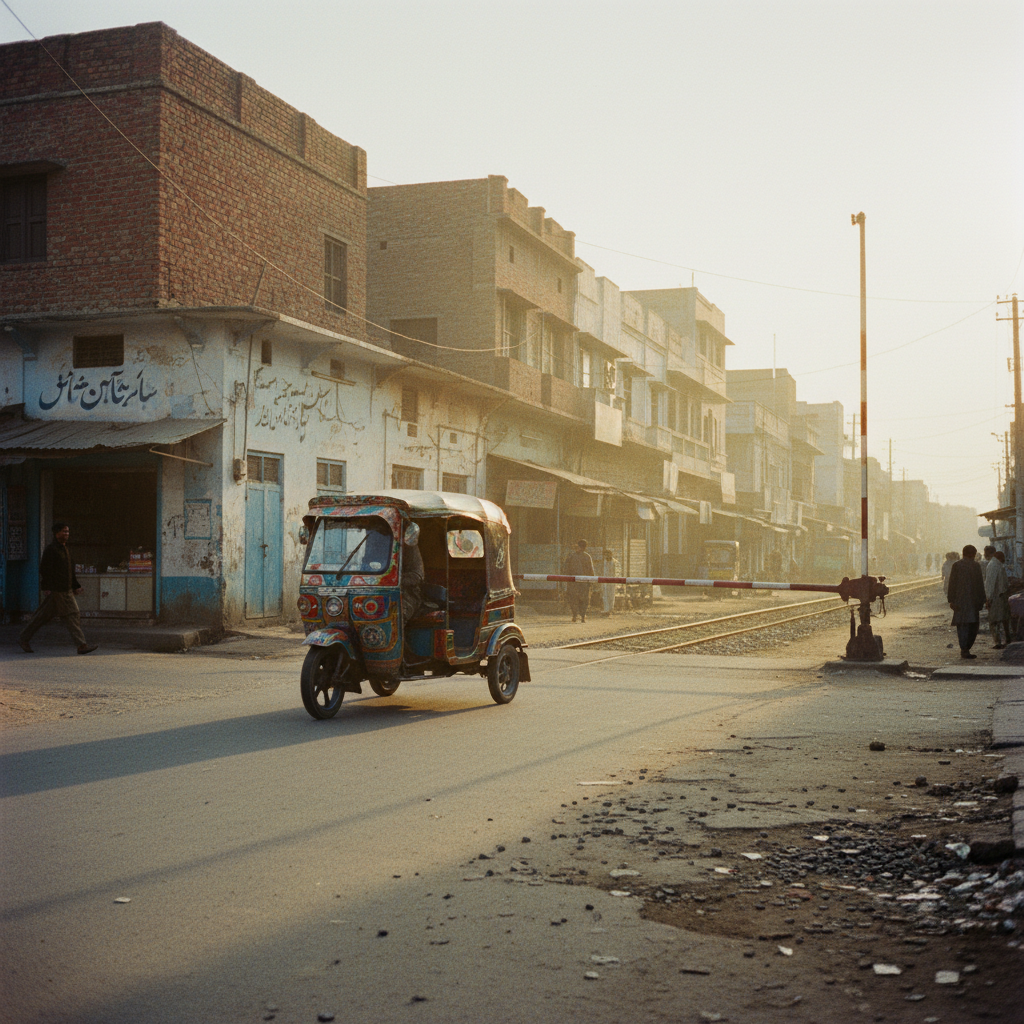 A view of a local Narowal street scene near a railway crossing with rickshaws and small shops.
