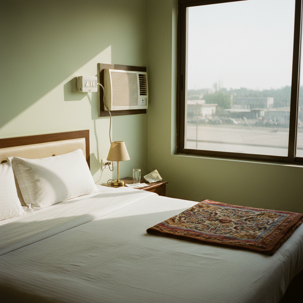 A clean, bright hotel room in Narowal featuring a neatly made bed with white linens and a functional air conditioning unit on the wall.