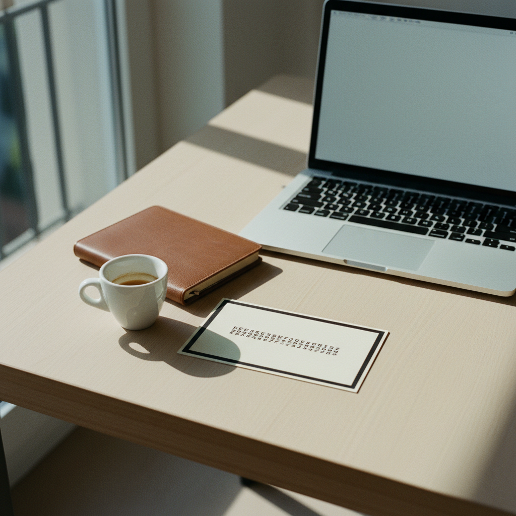 Close-up of a professional desk in Milan with a laptop, a coffee cup, and a physical product key card.