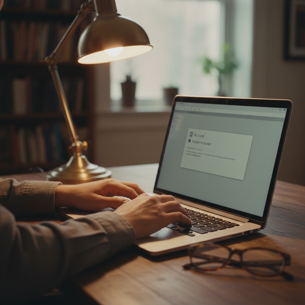 A technical setup with a laptop showing the system activation screen and a brass lamp.