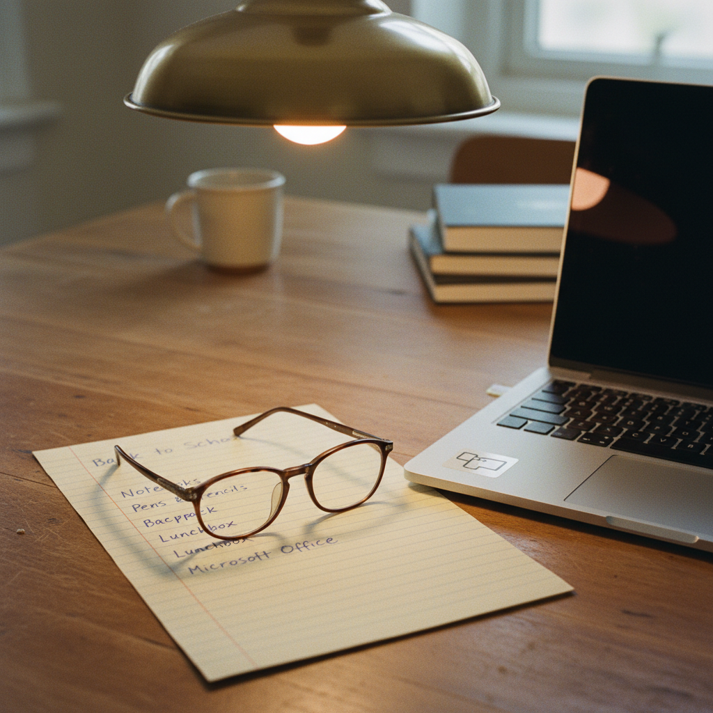 A close-up of a laptop keyboard and a hand-written checklist of school supplies including 'Office Software'.