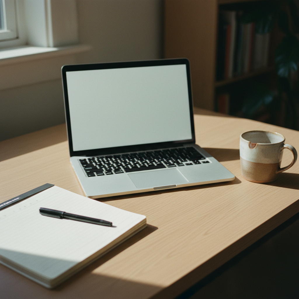 A tidy wooden desk with a modern laptop, an open paper notebook, and a ceramic mug of tea in a sunlit UK home.