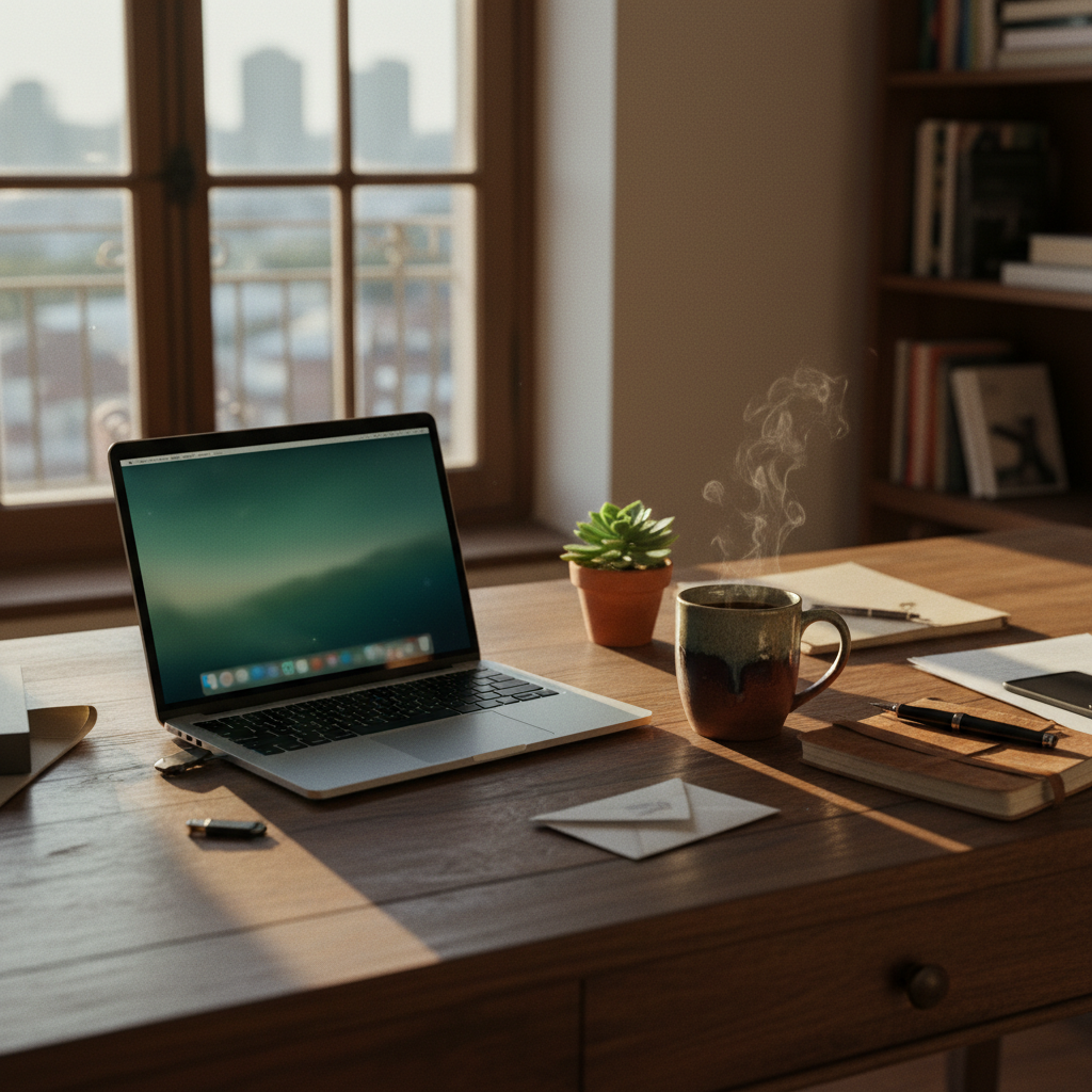 Escritorio de oficina en Bogotá con laptop y café de Colombia