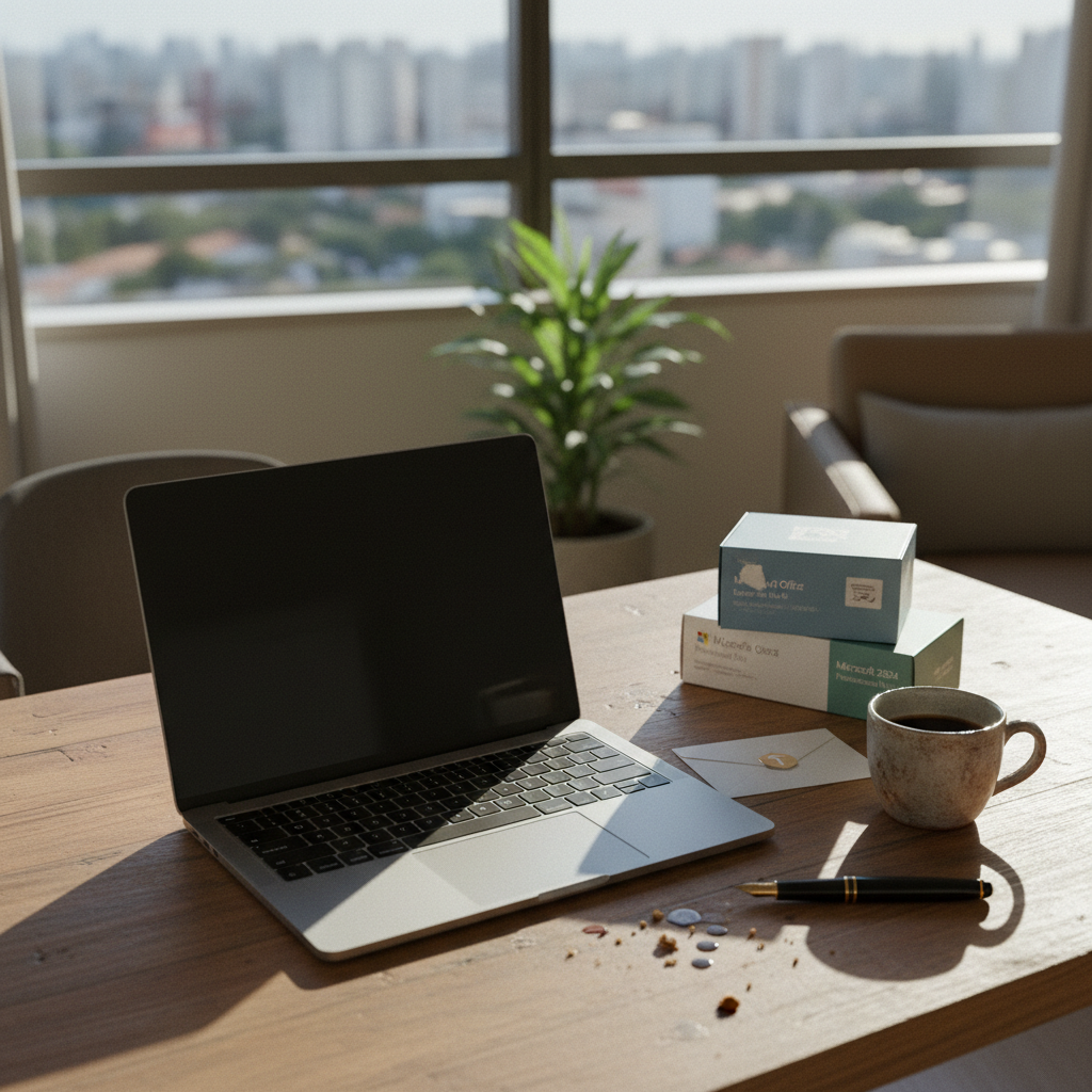 A wooden desk with a clean laptop and a notebook in a bright Brazilian office.
