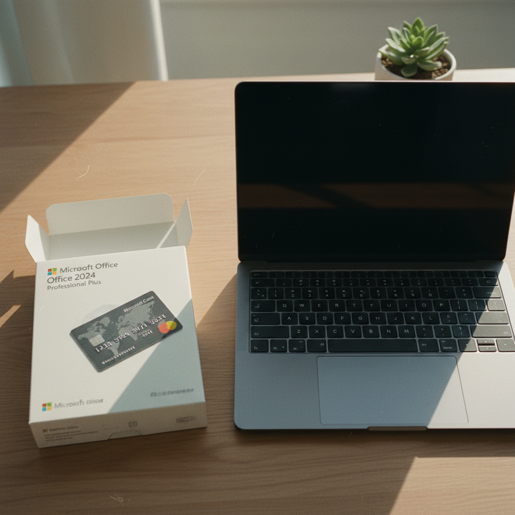 A close-up of a genuine Microsoft Office Professional Plus product key card next to a laptop on a wooden desk.