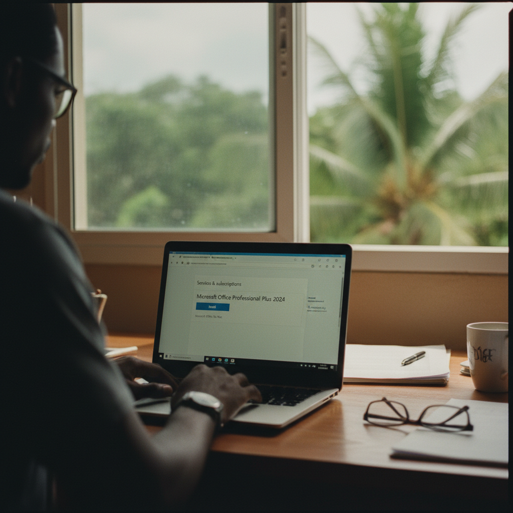 A person in Ghana using a laptop showing the Microsoft account page with an Office subscription.