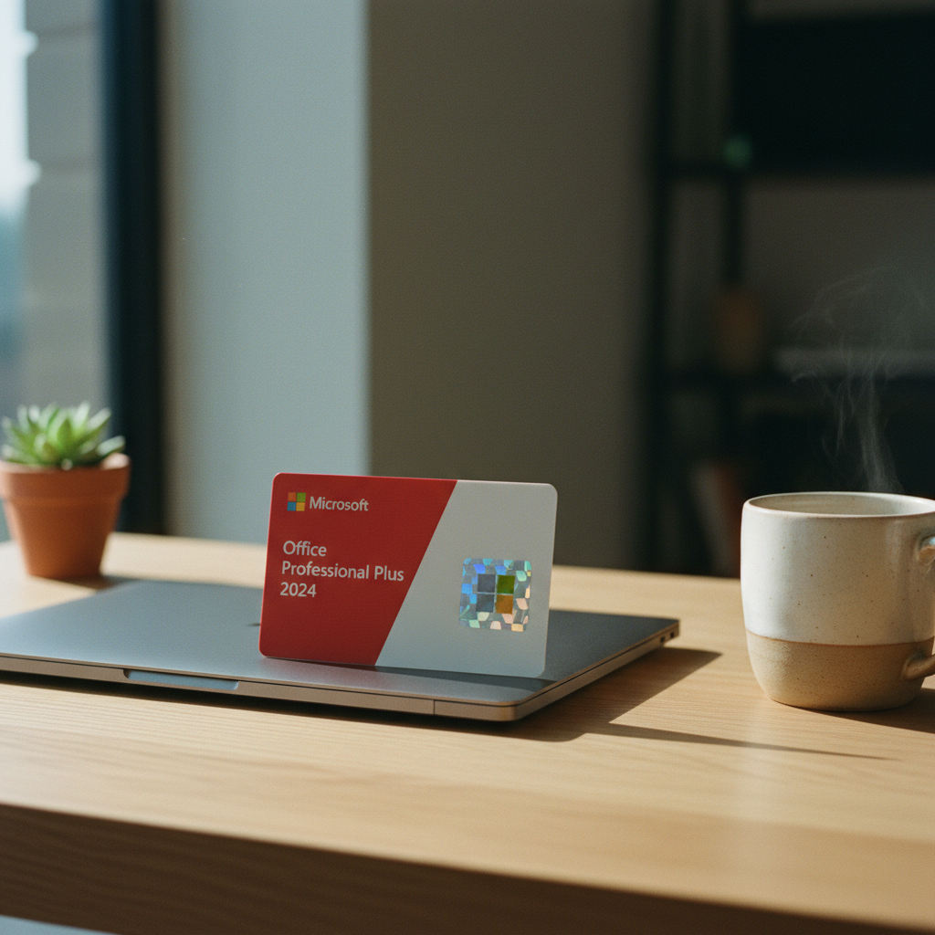 A close-up of a genuine Microsoft Office 2024 Professional Plus license card with an activation key, resting on a clean, modern wooden desk.