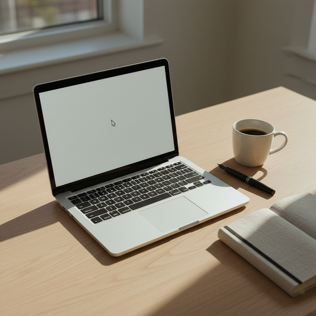 A top-down view of a modern wooden office desk with a laptop, a notebook, and a coffee mug in morning light.