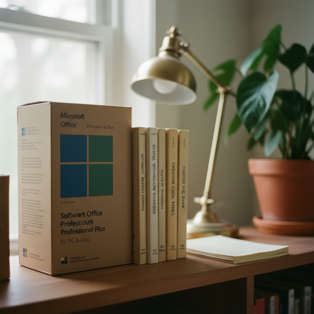 A physical retail box of software sitting on a shelf next to office supplies.