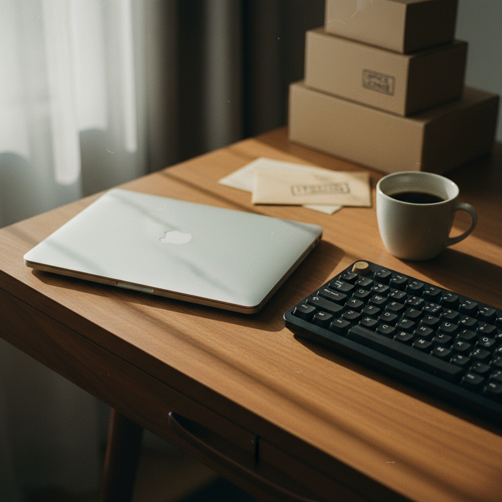 Close-up of a high-quality mechanical keyboard and a clean wooden desk surface.