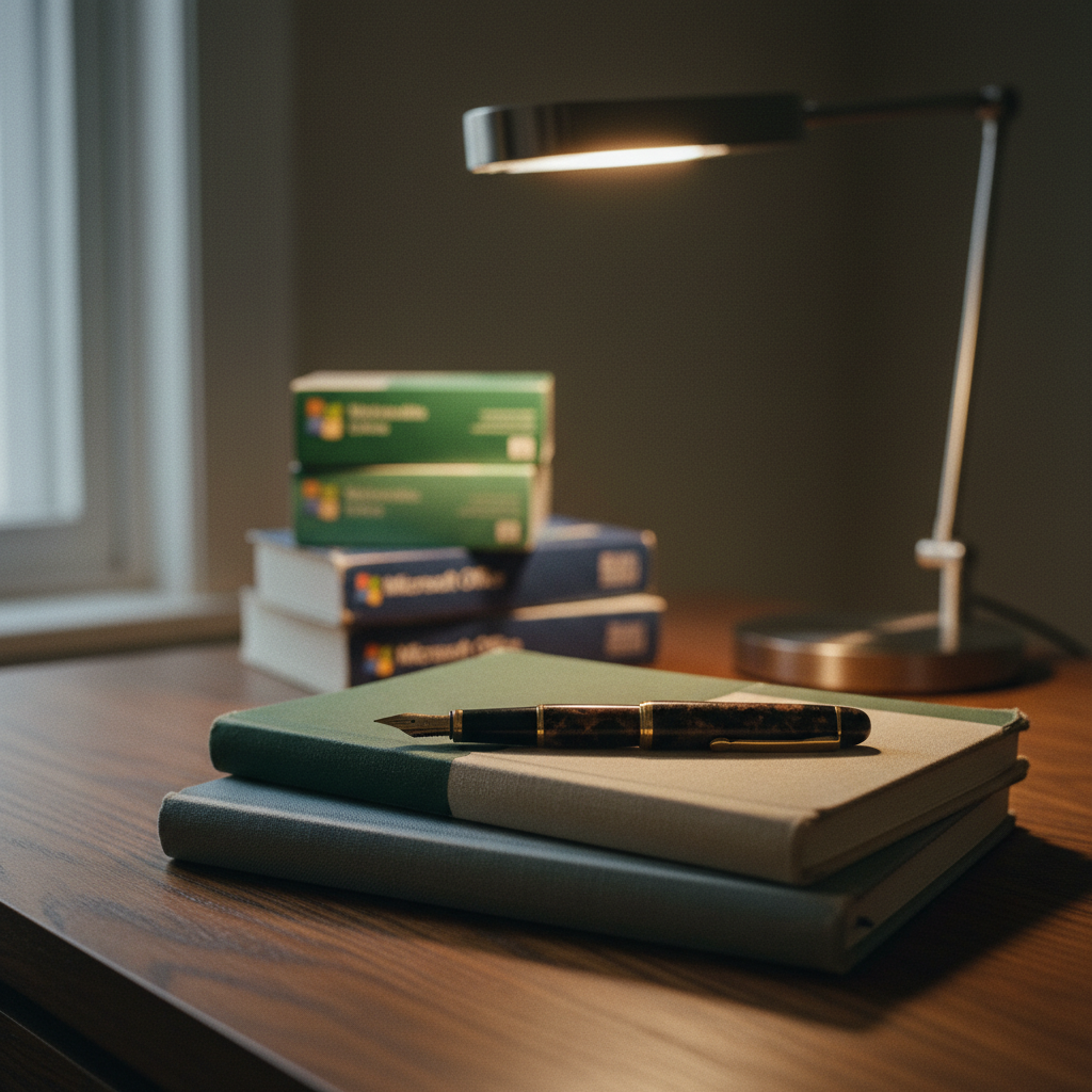 A stack of leather-bound notebooks and a fountain pen on a desk.