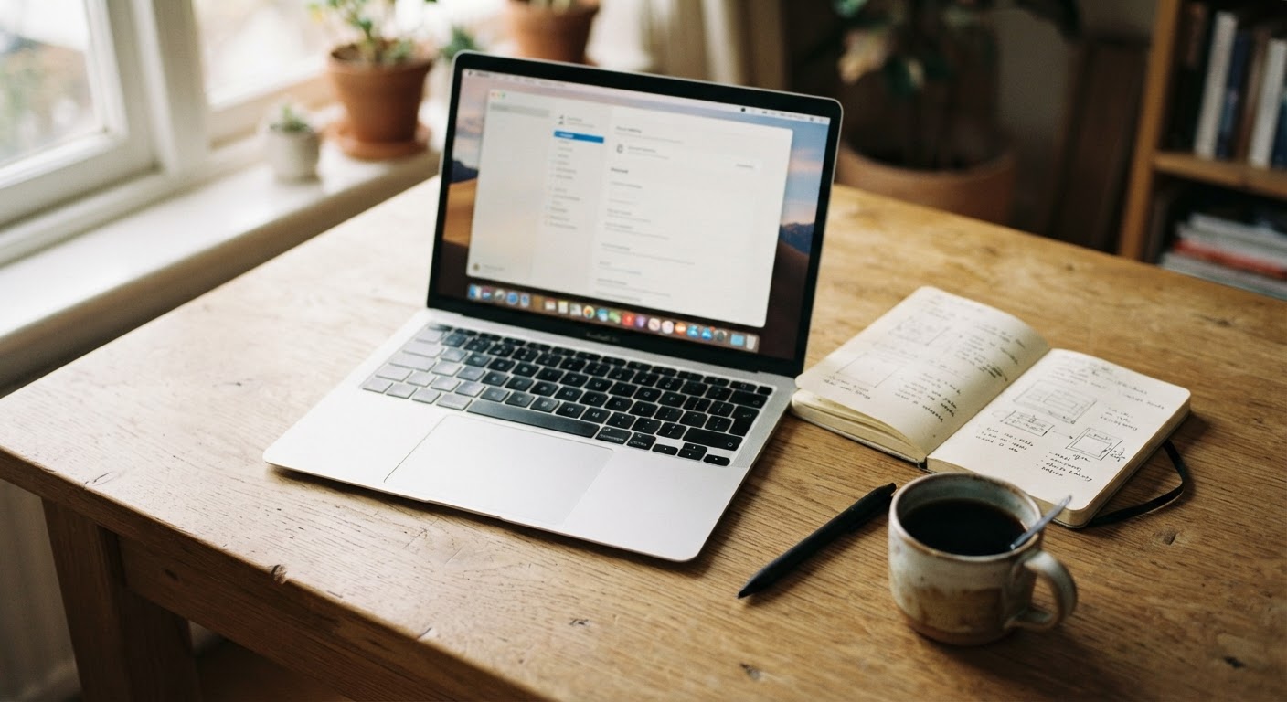 A clean desktop setup featuring a modern laptop open to a software settings window next to a notepad and pen in morning daylight