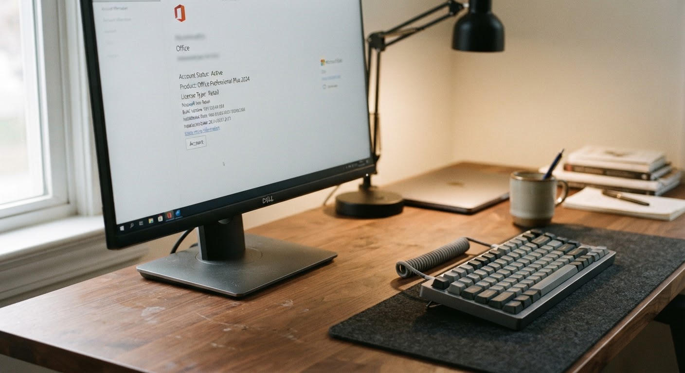 A close view of a computer monitor displaying an account settings panel and license details