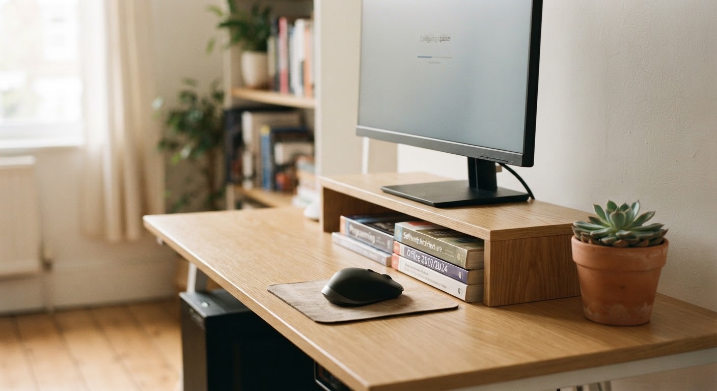 A workstation running software updates on macOS and Windows hardware in a quiet workspace