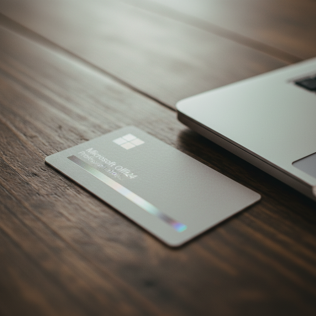 A close-up of a genuine Microsoft Office Professional Plus 2024 product key card resting on a dark, textured desk next to a laptop.