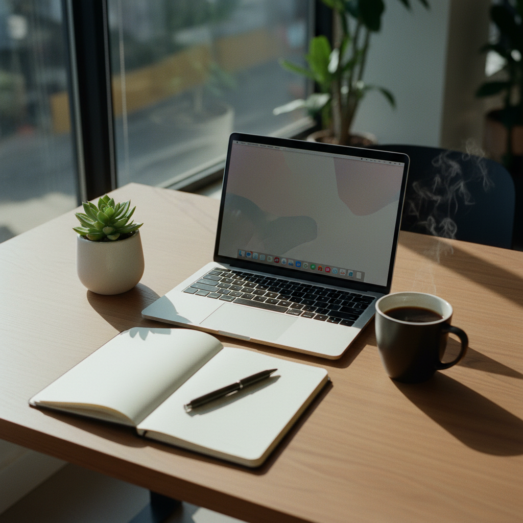 Escritorio de oficina moderna en Santiago con computadora portátil y café.