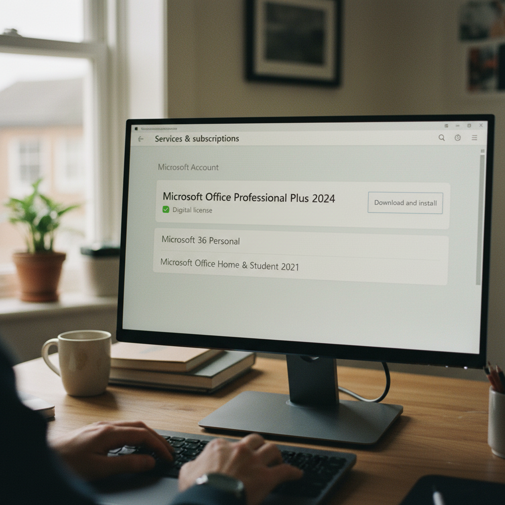 Screenshot-style image showing the Microsoft Account 'Services & subscriptions' page with an Office 2024 license listed.