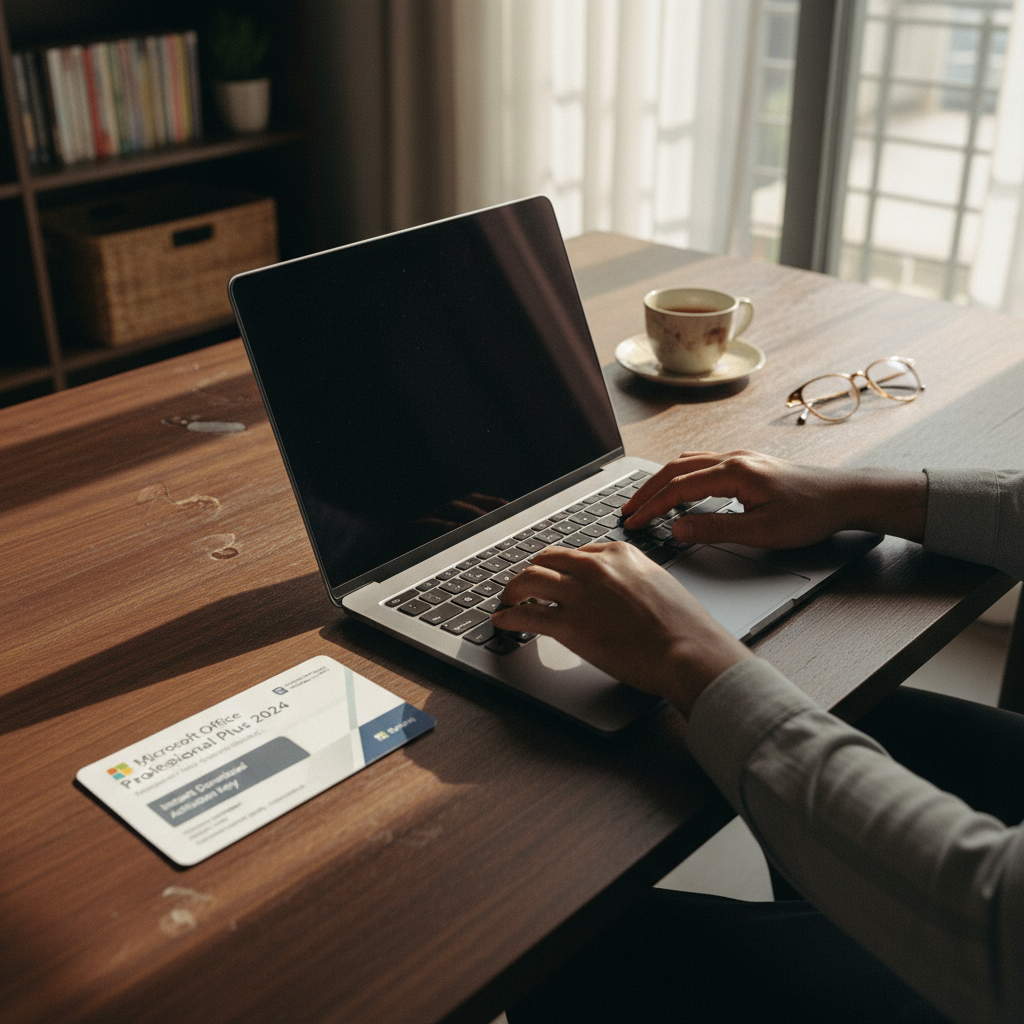 A close-up of a laptop keyboard with a Nigerian user's hands typing, a genuine Microsoft Office 2024 product key card resting on the desk beside it.
