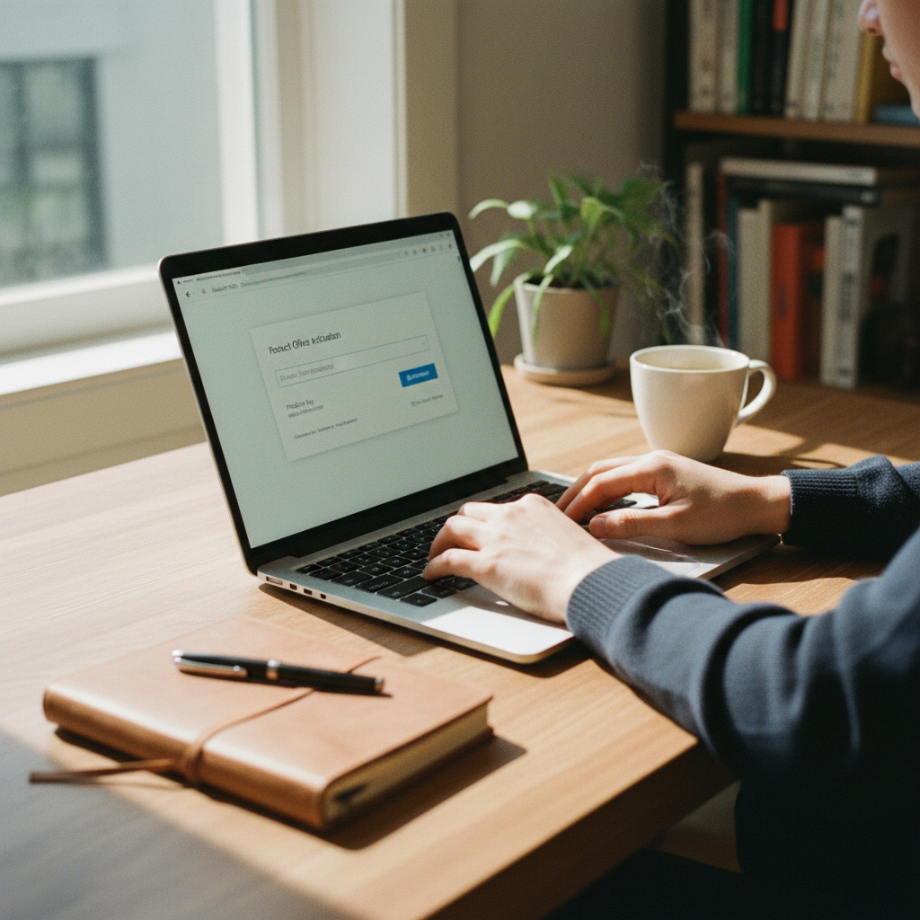Osoba wpisująca klucz produktu Microsoft Office na laptopie w nowoczesnym, jasnym biurze w Polsce.