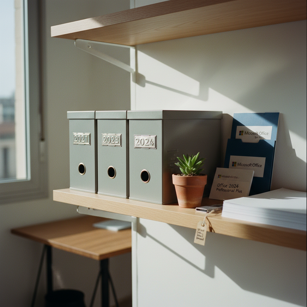 Detalle de una oficina técnica en Barcelona con archivadores metálicos y luz fluorescente suave.