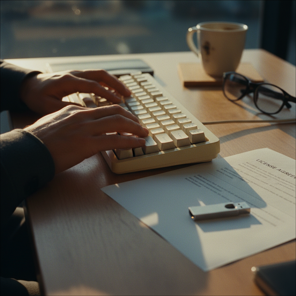 Close-up of a person typing on a mechanical keyboard with a printed software license certificate and a coffee nearby.