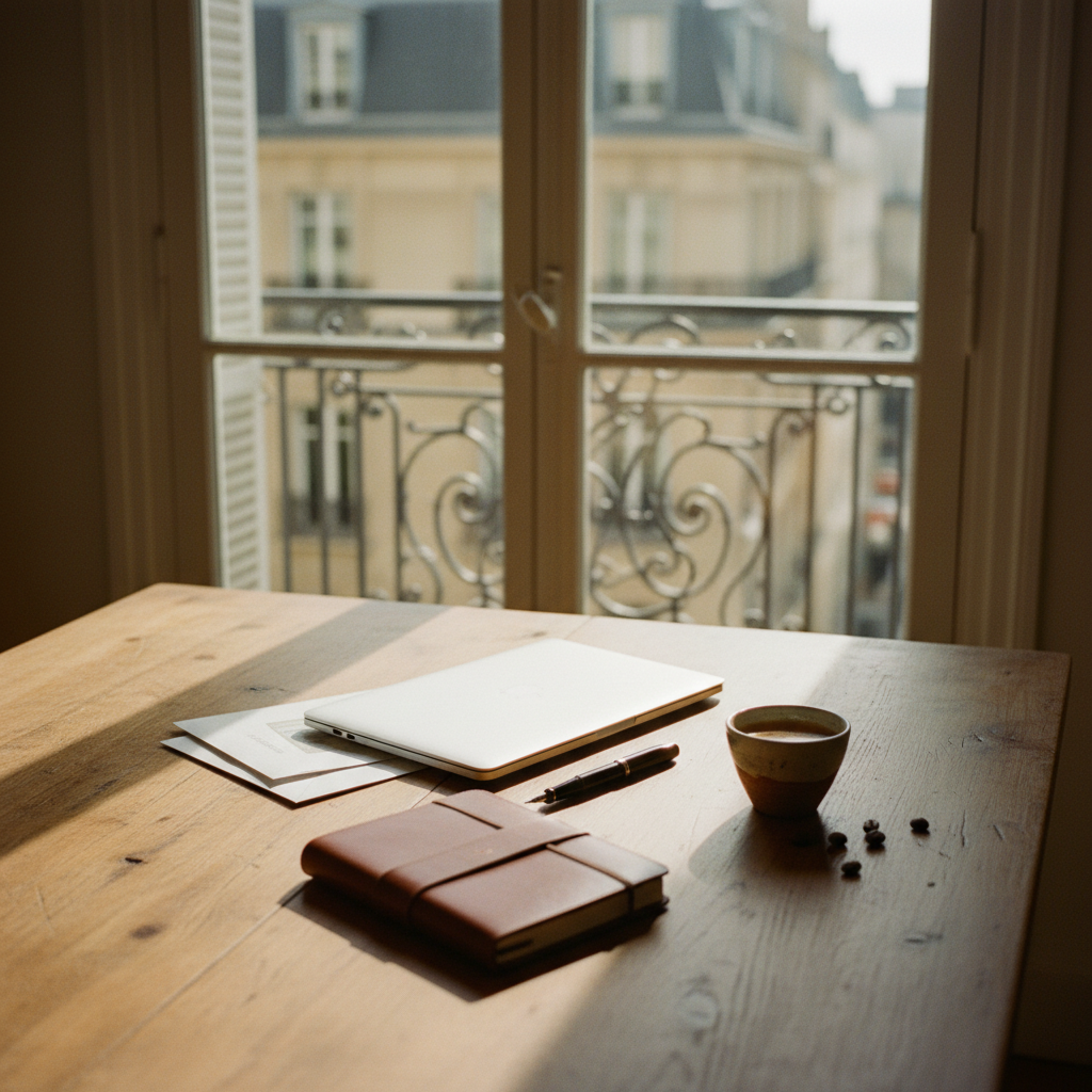 A high-end wooden desk in a Parisian office featuring a modern laptop, a leather notebook, and a brass desk lamp in soft morning light.
