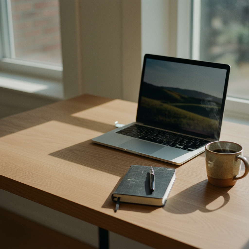 A high-angle shot of a clean wooden desk with a sleek laptop and a notepad.