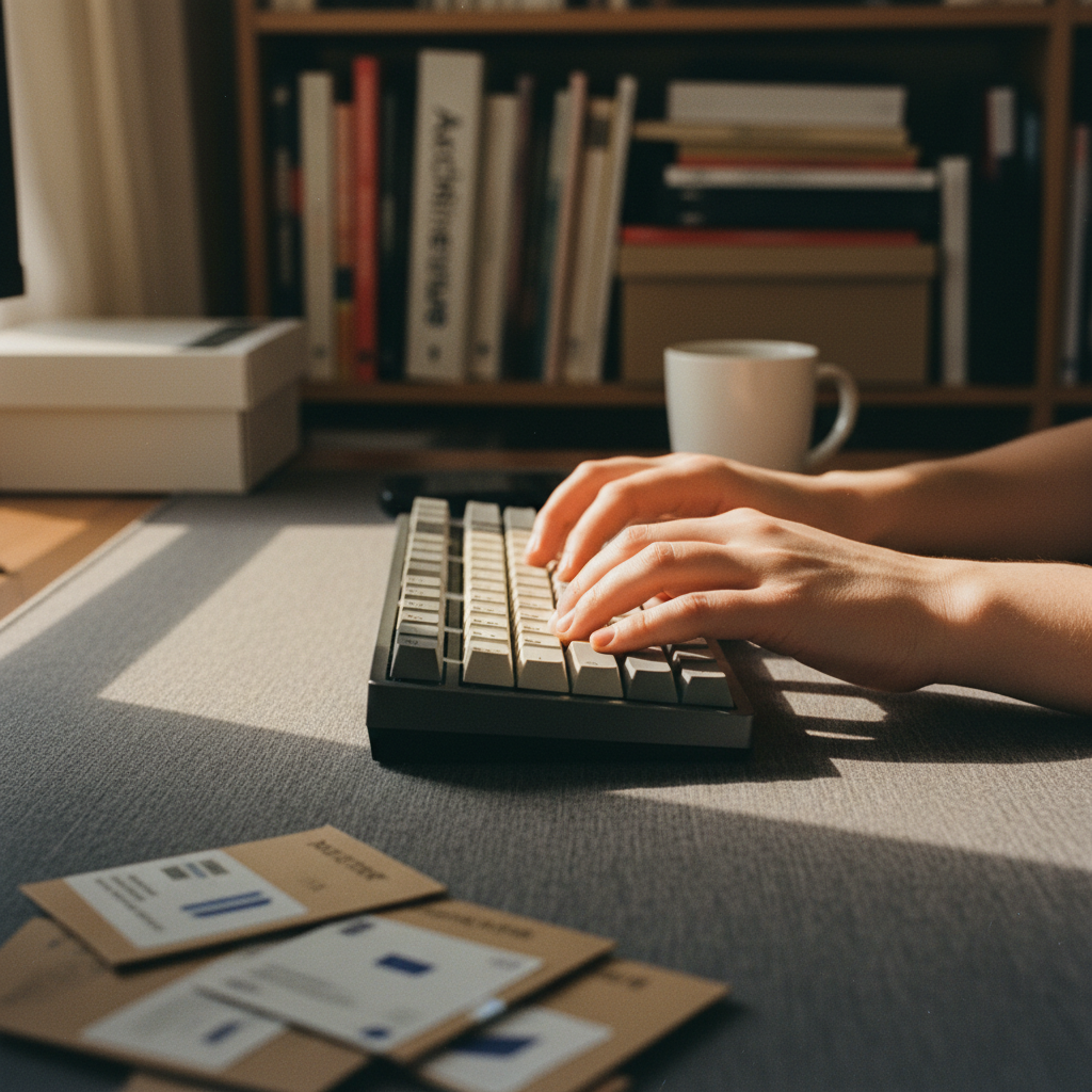 A close-up of a person's hands typing on a mechanical keyboard in a bright office.