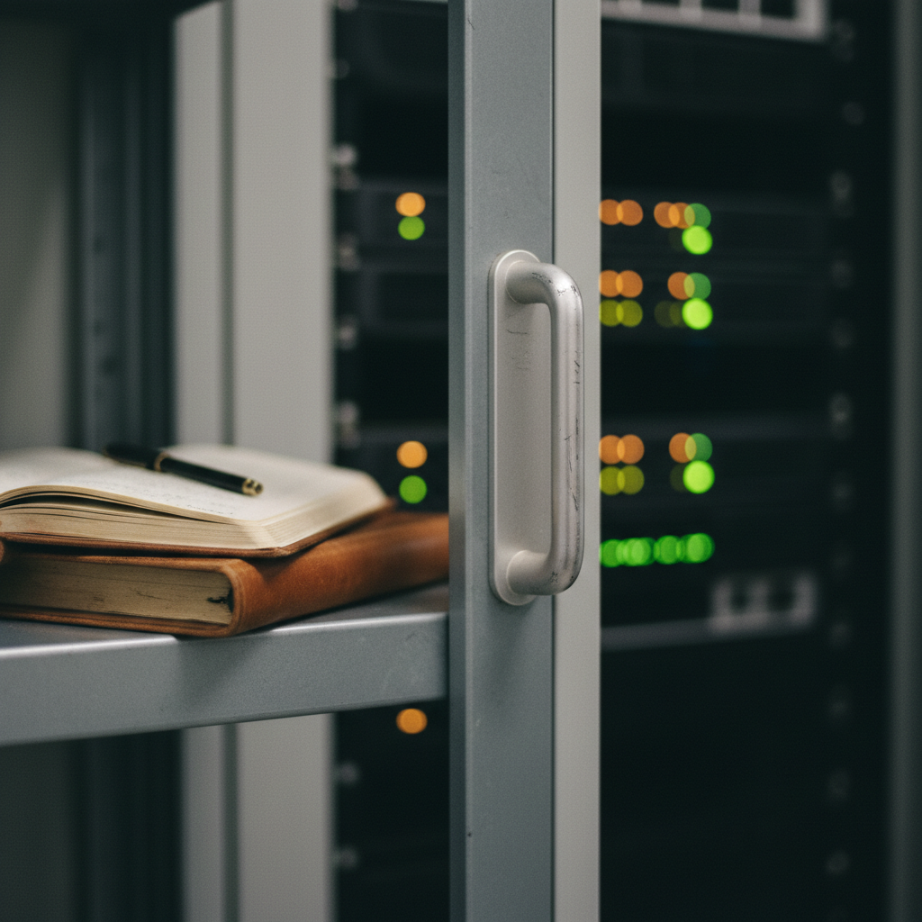 A close-up of a brushed metal server rack handle and a physical ledger book resting on a nearby shelf.