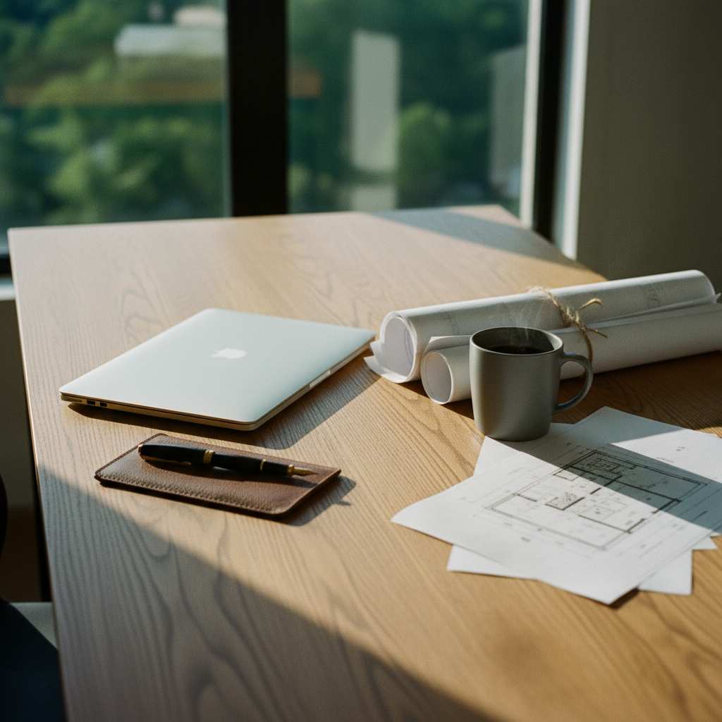 A clean, minimalist wooden desk with a high-end silver laptop, a physical notebook with handwritten notes, and a ceramic mug in morning light.