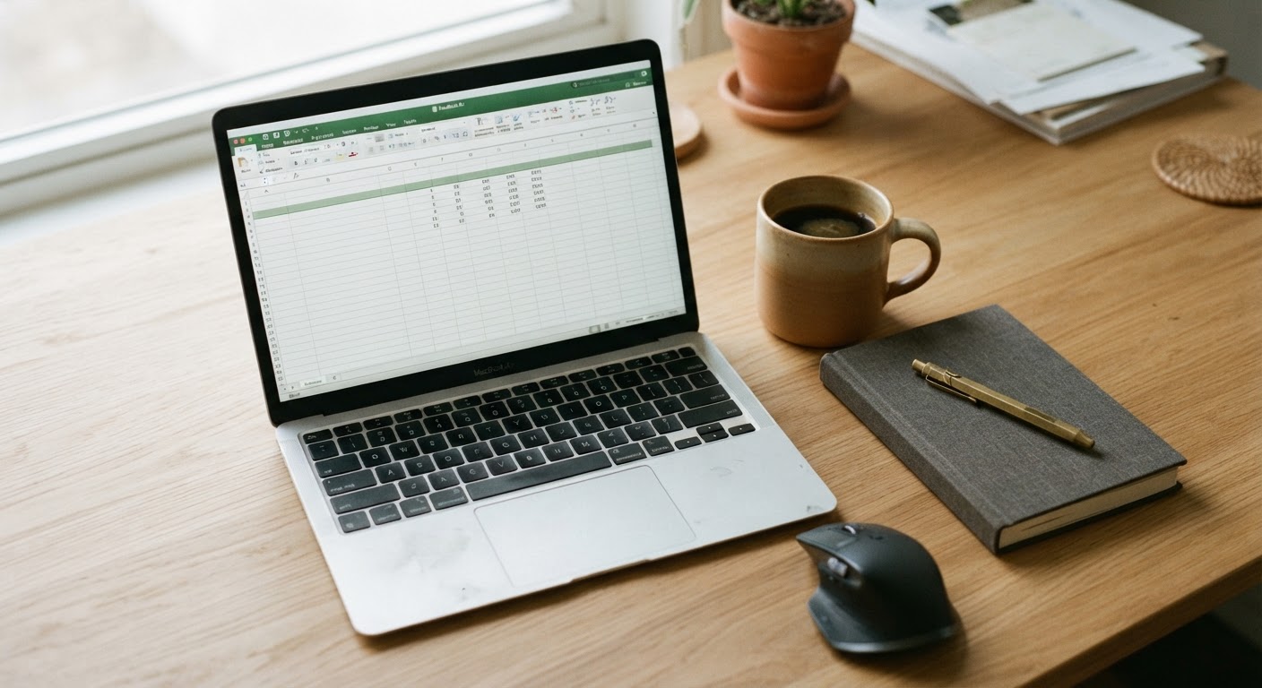 A clean wooden desk with a silver MacBook Air displaying Microsoft Excel alongside a ceramic coffee mug and notebook.