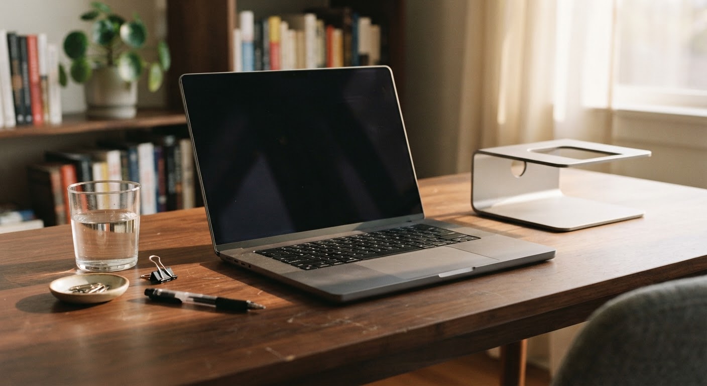 Close-up of a MacBook Pro keyboard and trackpad on a walnut table with an external display nearby.