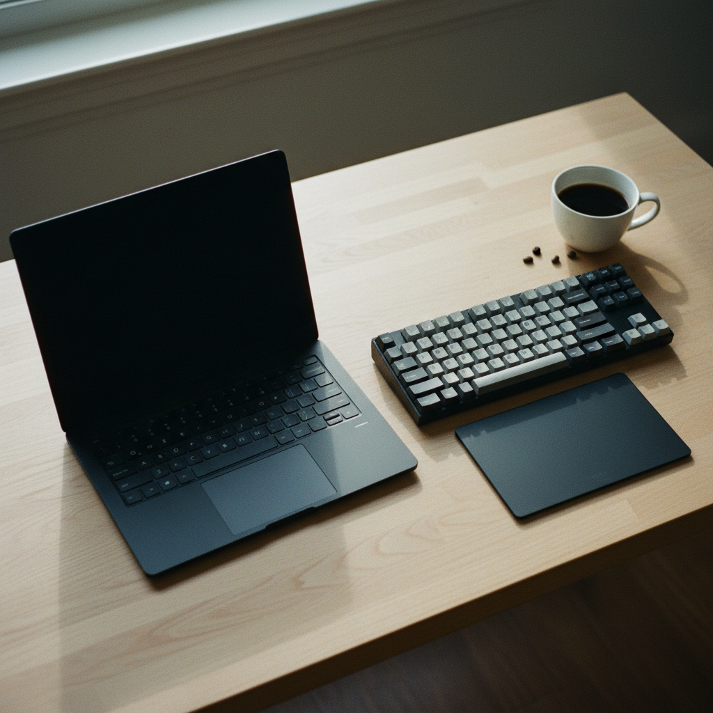 A high-end mechanical keyboard and mouse next to a minimalist matte black laptop on a solid oak desk.