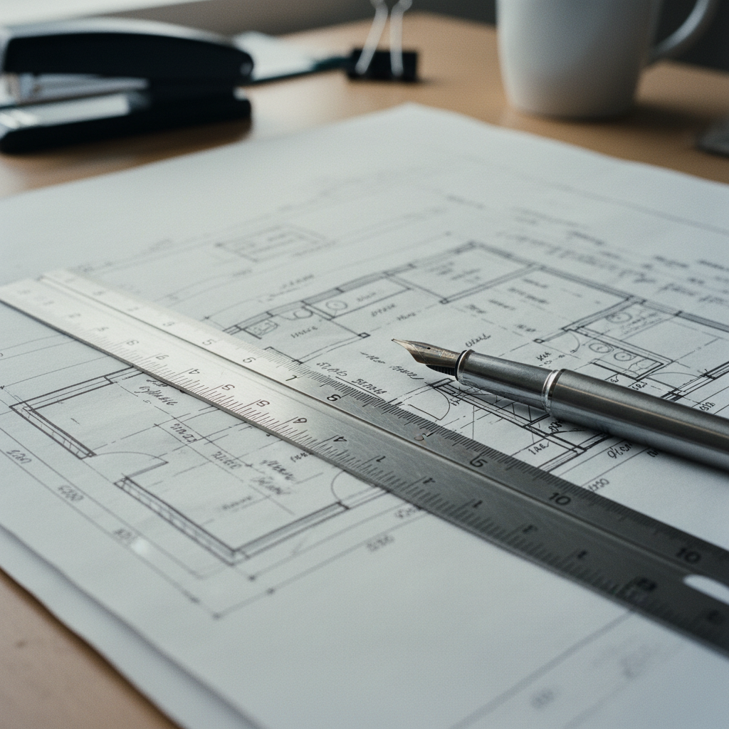 Close up of a stainless steel ruler and a fountain pen resting on a technical blueprint.