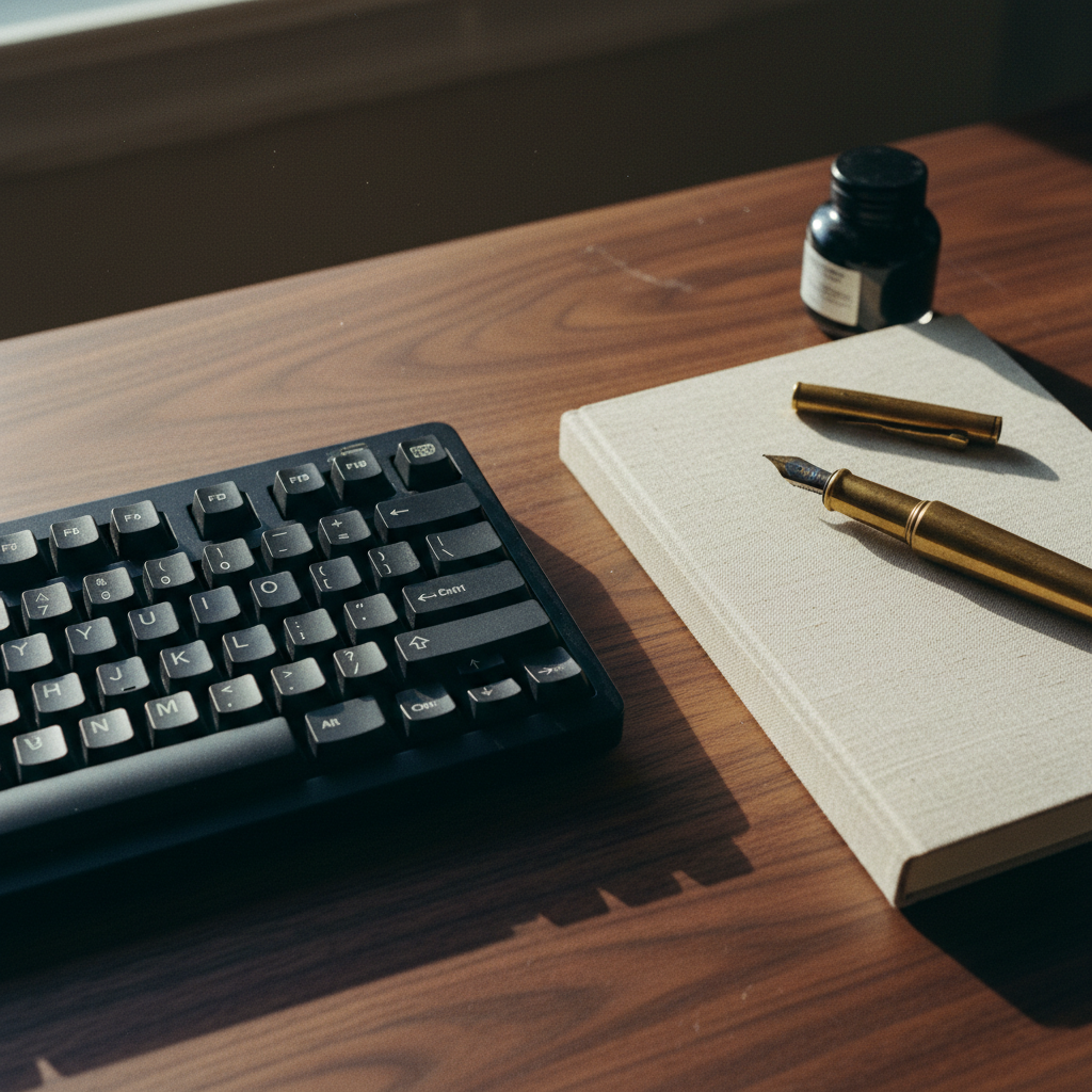 Close-up of a high-quality mechanical keyboard and a clean wooden desk with a notebook and pen.