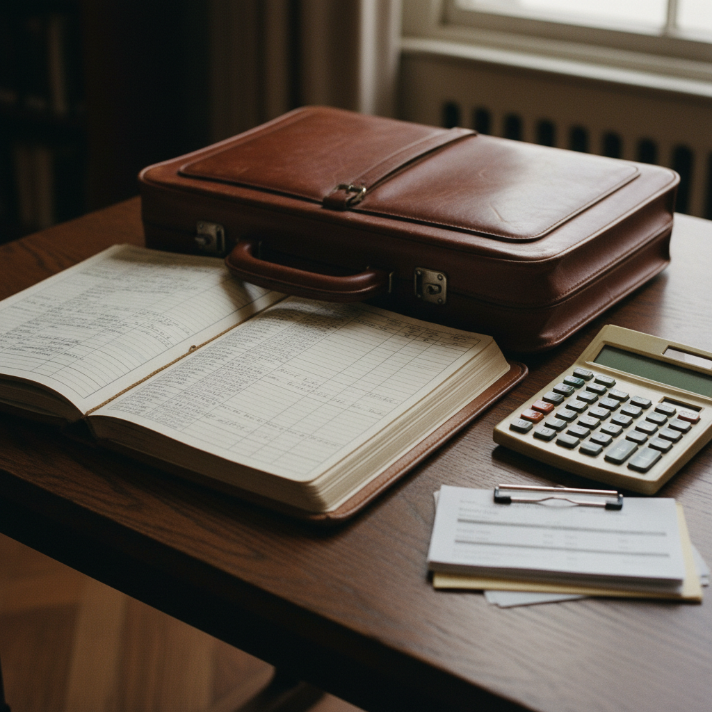 A stack of architectural blueprints and a vintage leather briefcase on a library table.