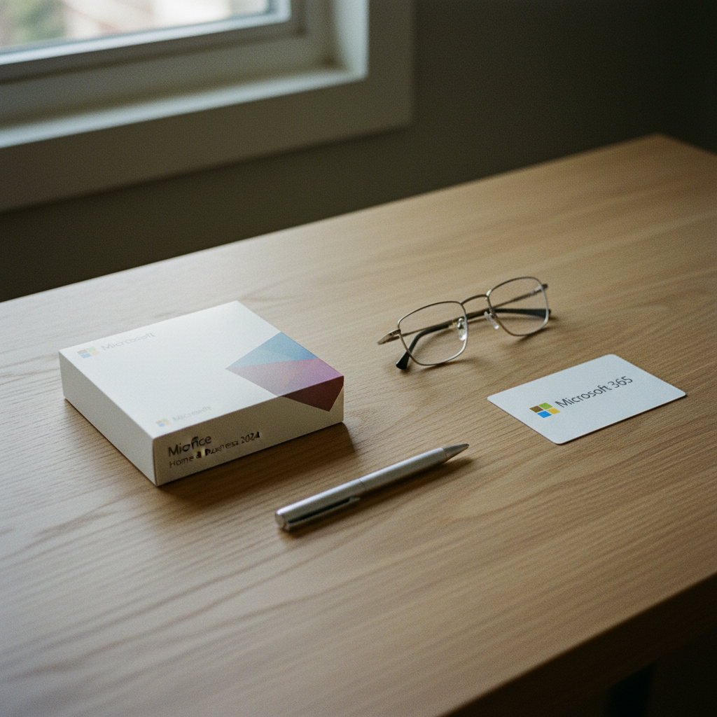 A comparison shot showing the Microsoft Office 2024 and Microsoft 365 product boxes side-by-side on a clean wooden desk.