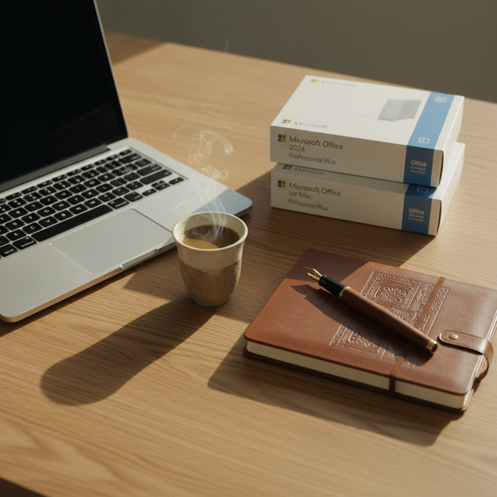 A high-end minimalist office desk in Riyadh with a sleek laptop and a cup of Saudi coffee.