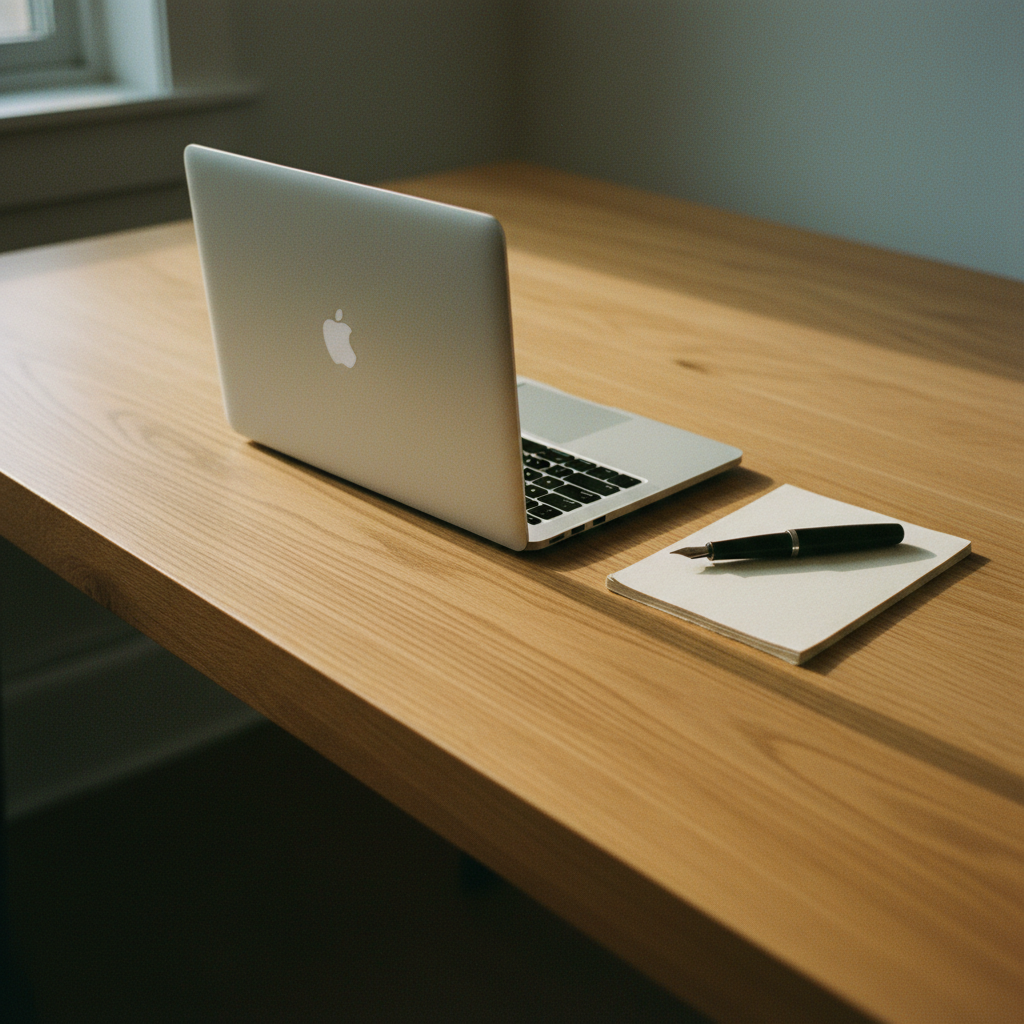 A clean wooden desk with a modern laptop, a leather-bound notebook, and a brass desk lamp.