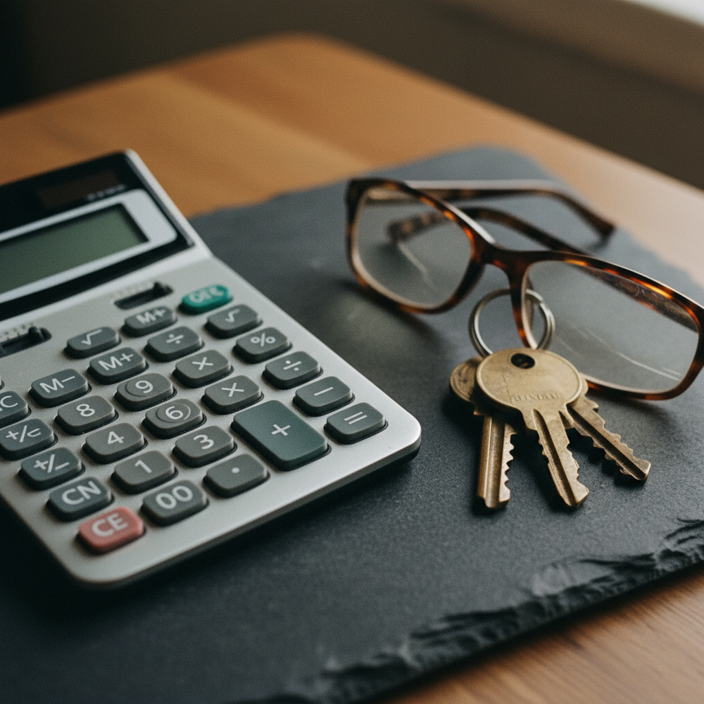 Close up of a calculator, a physical ledger, and a set of keys on a granite tabletop.