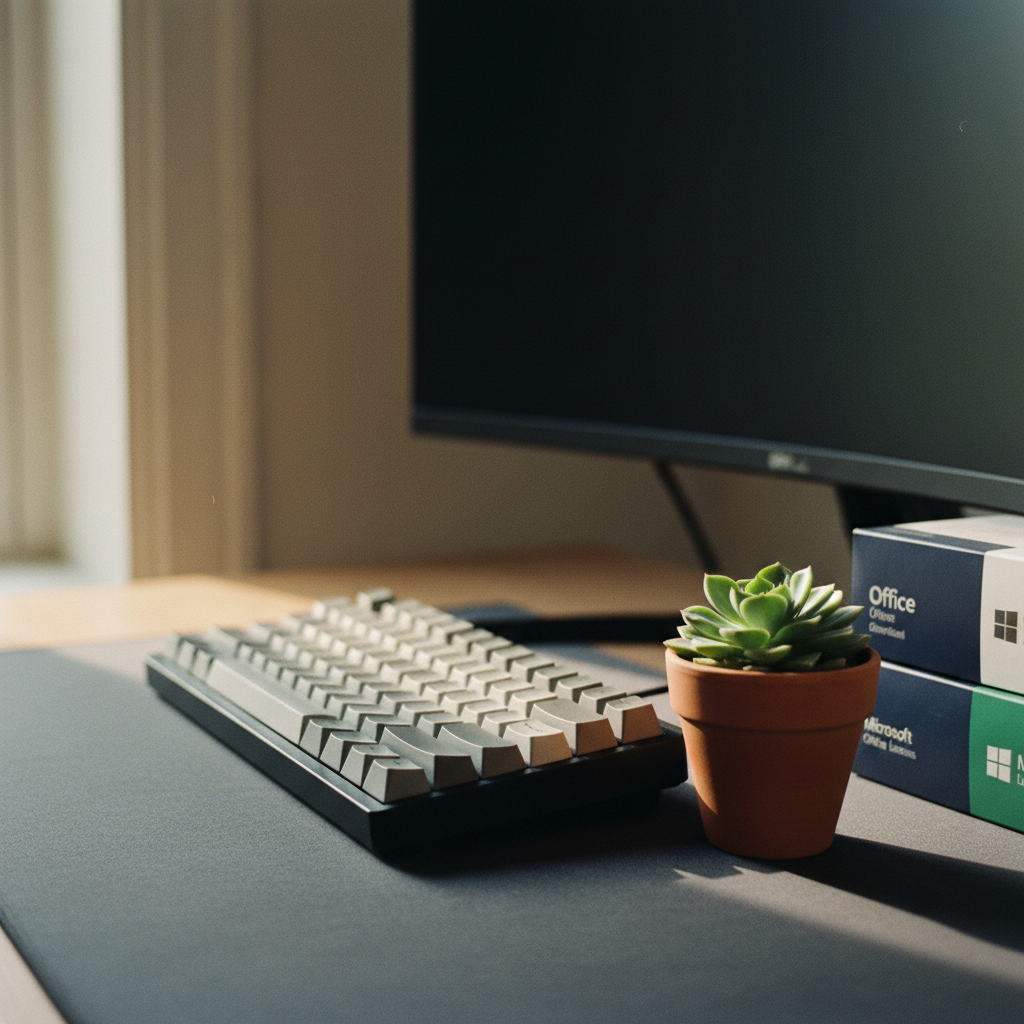 A close-up of a professional workstation featuring a mechanical keyboard and a small plant.